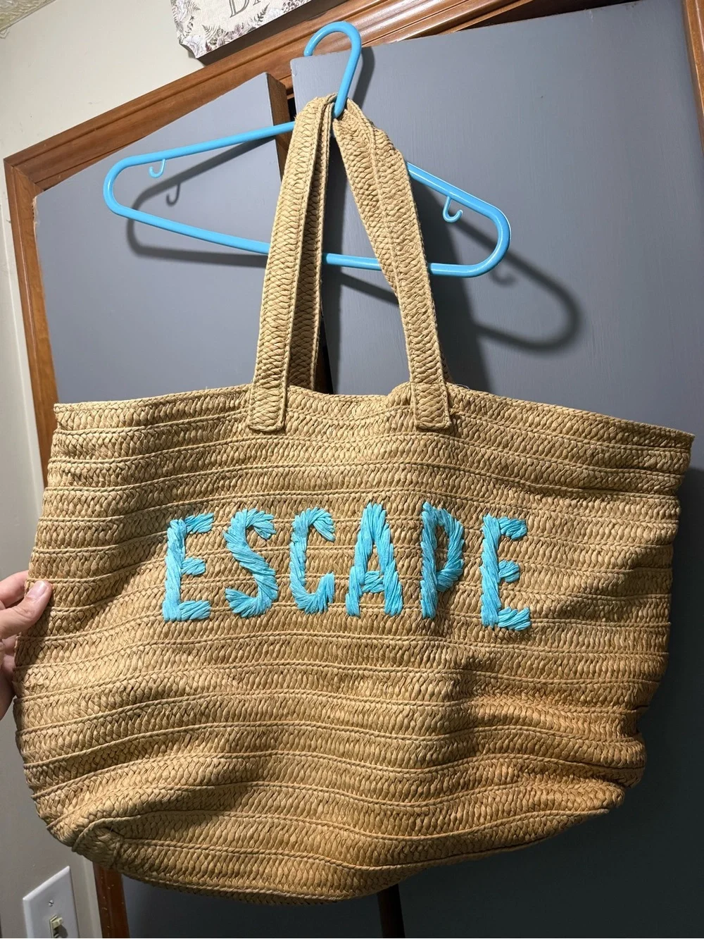 Kasa Style Oversized Straw Beach Tote Bag Teal Blue ESCAPE Embroidered Woven